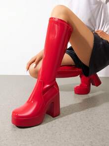 Women's Platform Chunky Heel Knee-High Boots Square Toe Fashionable Solid Color Y2K GoGo Boots - Đỏ - Xem 2