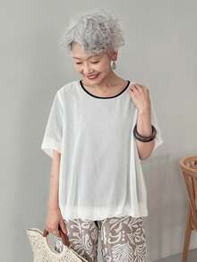 FRIFUL ملابس علوية نسائي كاجوال فضفاض من الشيفون والشبك بلون متباين، ملابس علوية شيفون فضفاضة للنساء، ملابس علوية فضفاض شفاف كبير الحجم - أبيض - مشاهدة 3