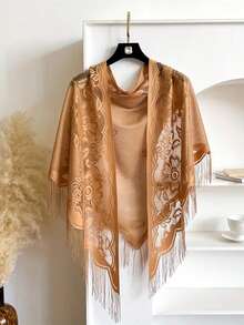 1 件女士新款蕾丝流苏披肩围巾，轻盈透气纯色三角围巾，头巾，婚礼、派对、伴娘礼服配饰 - 卡其色 - 查看 12