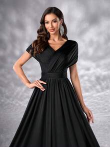 YISIKADO 女士连衣裙优雅缎面 V 领高腰长裙舞会派对女士礼服正式和晚礼服 - 黑色 - 查看 7