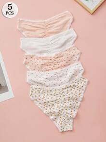 5 szt. przejrzystych i orzeźwiających, jednolitych kolorów i uroczych damskich spodni trójkątnych ze średnim stanem, czystych, uroczych, modnych, prostych, miękkich, wygodnych, z nadrukiem i jednolitym kolorem, dwie serie bielizny, odpowiednie do użytku domowego i na zewnątrz, na cztery pory roku, na imprezy i jako prezent