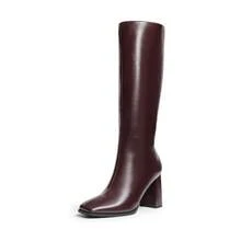 Women's Square Toe Gogo Boots Chunky Heel Classic Solid Color Knee High Boots With Side Zip Fashionable Tall Boots - 酒紅色 - 查看 5