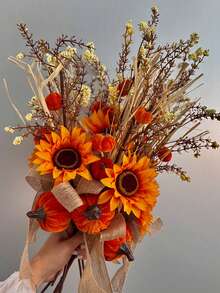 1/3pcs Artificial Branches With Pumpkins And Sunflowers, Orange, 1 Large Pumpkin, 3 Small Pumpkins, 1 Flower Head, PE Material, Artificial Flowers, Artificial Plants , Large Decorations, Centrepieces, Plastic Flowers, Room, Table, Garden Decorations Harvest Decorations, Halloween Home Decor Halloween Decor Room Decor - Multicolor - View 2