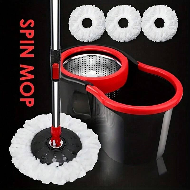 360° Spin Mop And Bucket Set With 3 Microfiber Mop Heads - Durable Stainless Steel Handle, Easy-Squeeze Squeeze Mop For Bathroom, Kitchen, And Shop Floor Cleaning, Holiday Cleaning Essentials|Ergonomic Mop Design|Durable Construction, Mop Bucket - Black Classic - 查看 1