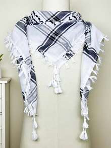 1pc Designer Black & White Geometric Pattern Casual Scarf, Lockstitch Edging, Suitable For All Seasons - Black and White - View 5