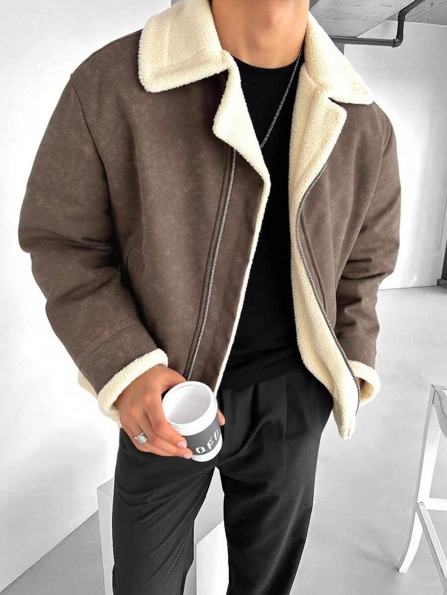 معطف مبطن بالفليس مصبوغ بطريقة التعتيق للرجال، خريف وشتاء