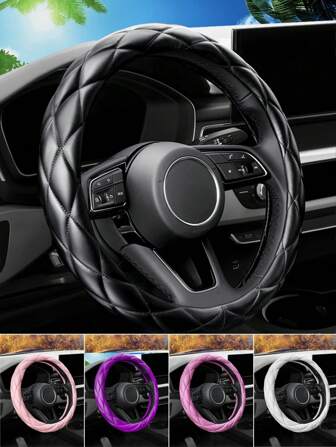新款女士汽车方向盘套 - 14.5-15 英寸，3D 刺绣仿羊皮 PU 皮革，柔软舒适，无内圈。适合所有车型