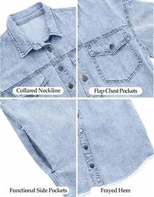 Vetinee Women's Oversized Button Up Frayed Hem Shacket Long Sleeve Pockets Denim Jean Jacket - 路夜藍 - 查看 6
