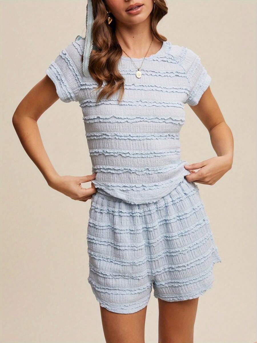 Womens Casual 2 Piece Outfits Short Sleeve Textured Ruffle Lace Tops + Shorts Set Streetwear - Blue - View 1