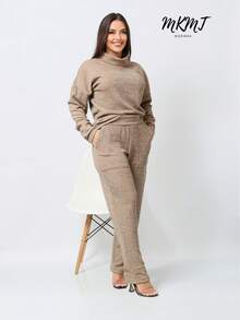 WMS Women's Woolen Ribbed Crew Neck Pants Set SimpleElegantCasualCutePocket - Màu be - Xem 1