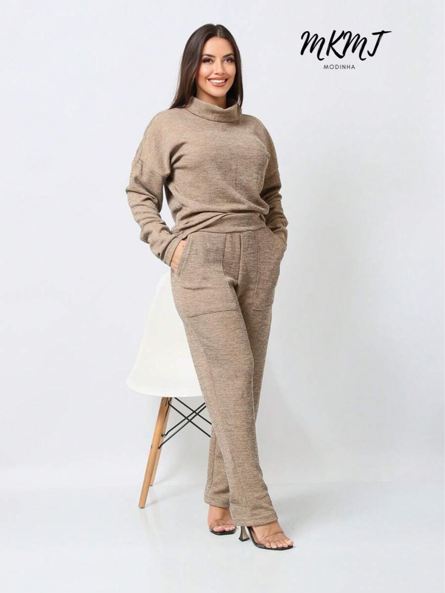 WMS Women's Woolen Ribbed Crew Neck Pants Set SimpleElegantCasualCutePocket - Màu be - Xem 1
