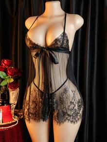 Conjunto De Lingeries Sensual Transparente Sexy Erotica Tule - Preto - Visão 1