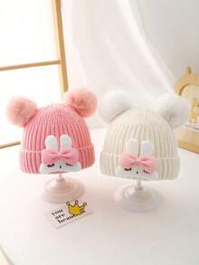婴儿可爱卡通兔子针织帽，保暖护耳冬季帽，适合男婴和女婴 - 小兔子 - 查看 1