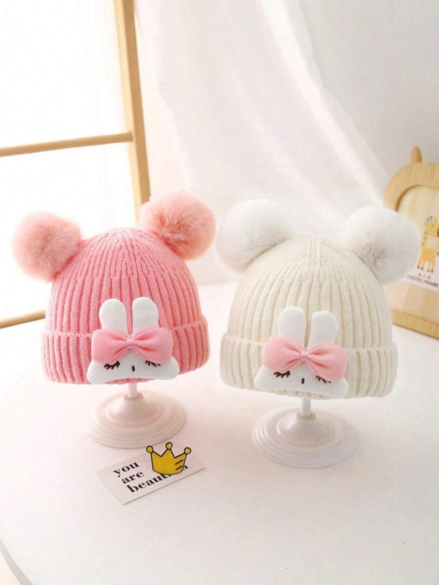 婴儿可爱卡通兔子针织帽，保暖护耳冬季帽，适合男婴和女婴 - 小兔子 - 查看 1