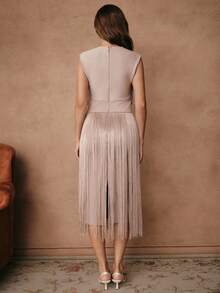 Savoree Desert Goddess Fringe Boho Chic Fitted Maxi Dress, Suitable For Summer Festival, Elegant Holiday Vacation, Casual Beach Style