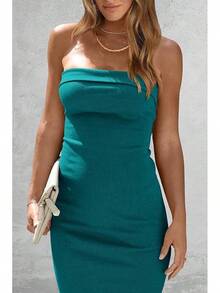 Women's Summer Bodycon Maxi Tube Dress Ribbed Strapless Side Slit Long Going Out Casual Elegant Party DressesHalloween Christmas New Year - 藍綠色 - 查看 3
