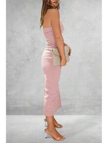Women's Summer Bodycon Maxi Tube Dress Ribbed Strapless Side Slit Long Going Out Casual Elegant Party DressesHalloween Christmas New Year - 條紋粉紅色白色 - 查看 2
