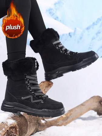 Botas de nieve para mujer, nuevas para otoño/invierno 2025, de caña media con cierre, suela gruesa cómoda, antideslizante, resistente al desgaste, color negro sólido simple, adecuado para mujeres jóvenes, moda para senderismo y trekking al aire libre, forro de felpa grueso, cálido y a prueba de frío, botas impermeables para mujer