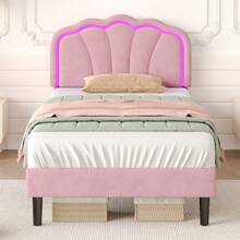 Flieks 3ft Single Upholstered Bed With LED Adjustable Shell Shape Headboard, Soft Velvet Bed Frame With Solid Wood Slat, No Box Spring Needed, Easy Assembly (No Mattress) - Pink - View 3