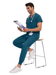 短袖男士手术服医生工作服牙医套装手术服上衣裤子男士医院护士工作服实验室药房制服 - 深色水洗藍 - 查看 10