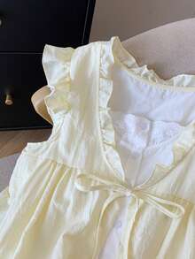 Cute Ruffle Trim Casual Women Top, Tie-Front 2 In 1 Korean Style Cap Sleeve T-Shirt, Back To School - Yellow - View 2