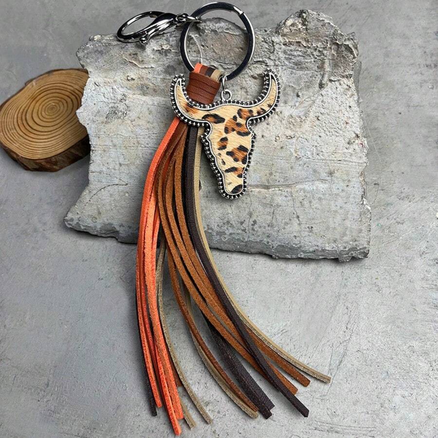 Bull Head Pattern Bag Bag Jewelry Pendant Multi Color Western Tassel Style Personalized Animal Printed Keychain - 3 - Xem 1