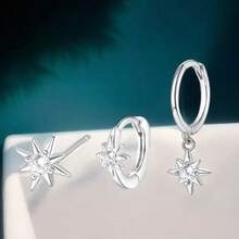 Set Of 3 Pairs Of Luxurious Star-Shaped Earrings With Sparkling Cubic Zirconias - Bạc - Xem 2