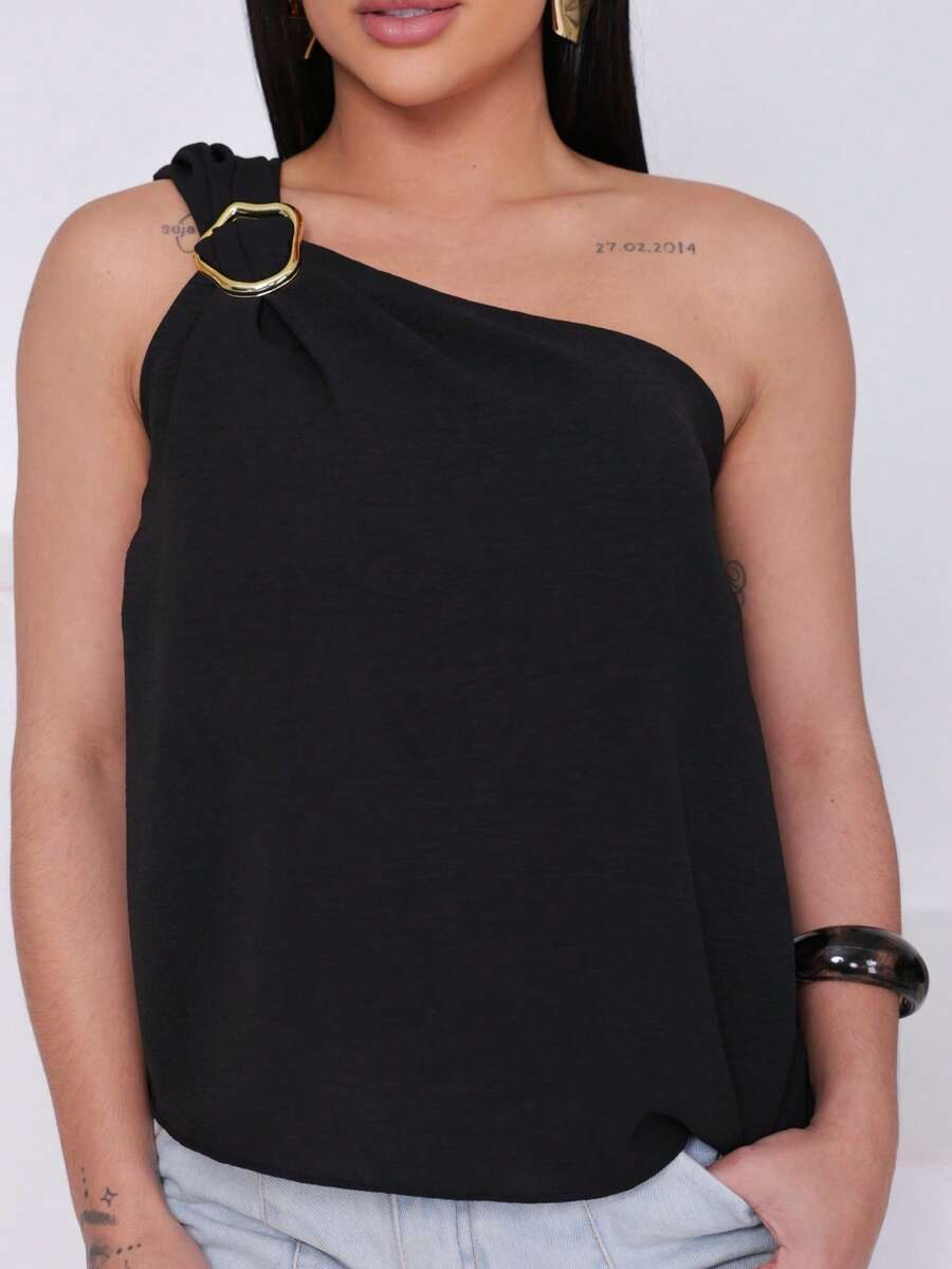 Women's Single Strap Blouse With Gold Organic Buckle, Duna Fabric, One Shoulder, Elegant Mule Sleeve, M, L, XL - 黑色 - 查看 1