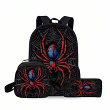 3pcs Set Spider Web Print PVC Backpack, Fashion Lightweight School Bag, With Adjustable Straps, Zipper Closure, Hand Washable, For Teens And Adults, Fashion School Backpack With Pencil Case - Black - View 15