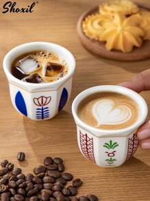 shoxil 1 Stück Keramik Kaffeetasse im Nahost-Stil, Espresso Becher, Teetasse, Latte Art Becher, Palmen-/Tulpen-Muster, farbenfrohe minimalistische Gestaltung, glatter Rand zum Festhalten, perfekt für Zuhause/Cafés/Zusammenkünfte, Geschenk für Feste