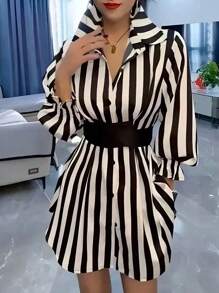 Women's Casual Commuter Striped Mid-Length Shirt, Lapel Flared Sleeves, Button Front Ruffle Detail, Polyester Fabric - Black - View 2