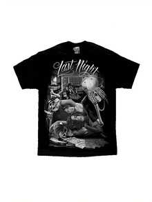 Graphic T-Shirt For Last Night Party - Cotton Shirt With Vintage Chicano Art For Men, Round Neck And Short Sleeve, White And Black Illustration Design, Comfortable Casual Clothing - 黑色 - 查看 2