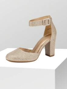 Women's High Heel Closed Toe Dress Shoes Chunky Wedding Pumps For Ladies - Gold-glit - View 2
