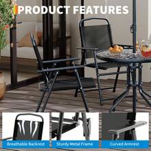Juego de comedor de exterior de 6 piezas con sombrilla, mesa de patio y 4 sillas plegables con sombrilla, juego de muebles de jardín con sombrillas, mesa de comedor con tablero de vidrio templado. - Negro - Ver 3