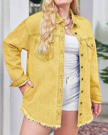 Vetinee Women's Oversized Button Up Frayed Hem Shacket Long Sleeve Pockets Denim Jean Jacket - 金子 - 查看 7