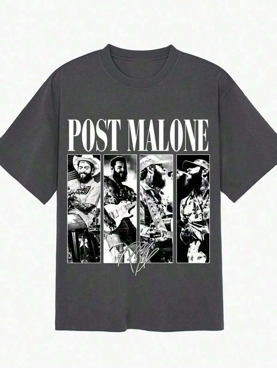 Posty Malone Tour Vintage Rap Country Concert Printed TShirt,Women Oversized Y2K Western Cowgirl Bootleg Cotton Crew Neck Summer Festival Vacation Top - 木炭 - 查看 1