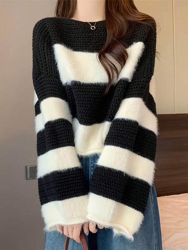 LEBINDY Women's Sweater, Long Sleeve, Crew Neck, Knit Sweater, Top, Cut And Sew, Loose Fit, Striped, Plain, Cute, Soft, Simple, Autumn Clothes, Neat, Office, Stylish, Commuting, Autumn And Winter