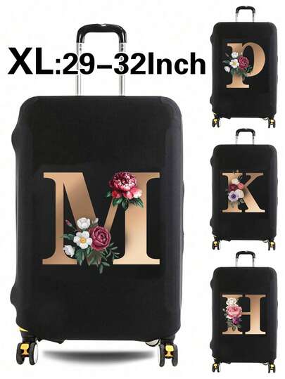 行李箱罩旅行箱罩适用于 29 至 32 英寸行李箱保护套时尚首字母姓名 A 至 Z 金色字母花卉印花适用于男女户外假日旅行必备配件涤纶行李箱弹力防尘罩、行李箱罩保护套、行李箱罩、行李箱罩保护套、行李箱配件、旅行必需品、旅行配件、行李箱配件、大学宿舍必备品、度假必备品