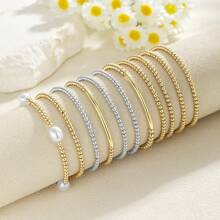 11Pcs Fashionable CCB Gold & Silver Bead Faux Pearl Multilayer Elastic Bracelet Set, Stackable Bracelets For Women, Daily, Vacation, Party Jewelry - Bracelet - View 3