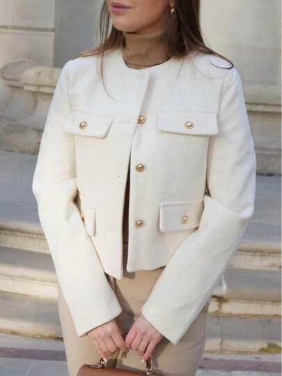 Chaqueta clásica de tweed para mujer, cuello redondo, botones dorados, manga larga, longitud regular con bolsillos