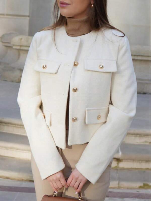 Chaqueta clásica de tweed para mujer, cuello redondo, botones dorados, manga larga, longitud regular con bolsillos