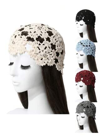 1pc Women's Handmade Crocheted Openwork Flower Rhinestone Headwear, Vintage Elegant Breathable Lightweight Knitted Cap, Fashion Versatile, Random Color