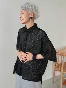 FRIFUL Camisa holgada de mujer de unicolor con hombros caídos y encaje transparente - Negro - Ver 1
