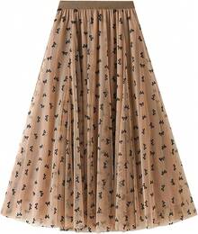 Women's A-Line Fairy Patterned Elastic Waist Ruffle Tulle Layered Midi Skirt - Nơ kaki - Xem 1