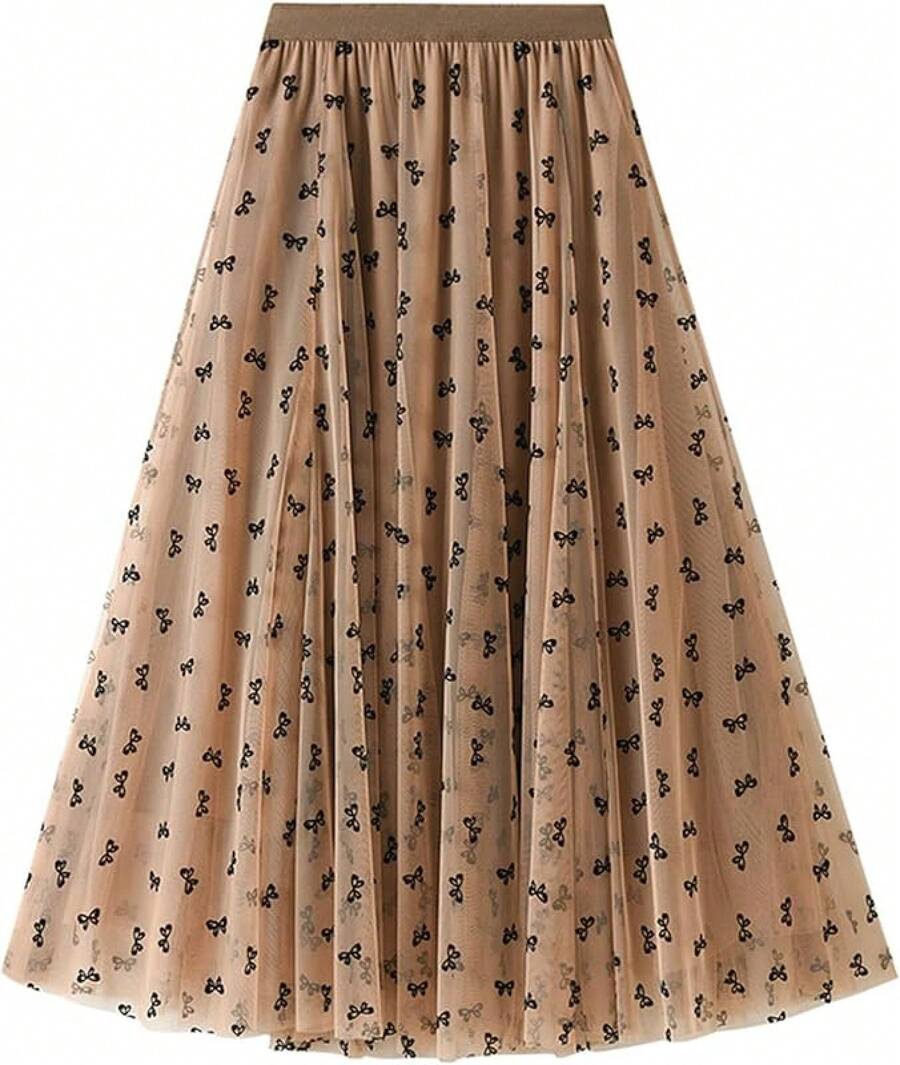 Women's A-Line Fairy Patterned Elastic Waist Ruffle Tulle Layered Midi Skirt - Nơ kaki - Xem 1