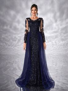 YISIKADO Women Sequin Glitter Evening Dress Floral Appliques Mesh Long Sleeve Round Neck Formal Prom Party Dress Ball Gown Wedding Guest Dress, For Graduation, Banquet Dinner Ceremony Celebration Ceremonial Dress - Navy Blue - View 6