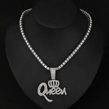 Hip Hop Zinc Alloy Crown QUEEN Letter Full Diamond Pendant Elegant Personality Necklace Jewelry
