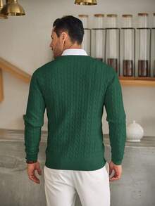 Men's Minimalist Solid Color Cable Knit Long Sleeve Sweater - Dark Green - View 2