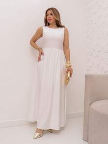 A&DD FASHION, REF: 8026, Women's Solid Color Sleeveless Dress, Long A-Line Skirt, Small Round Neck Long Skirt, Umbrella Skirt, Long A-Line Skirt, Women's Summer, 2025 New Design Thin Waist Temperament Skirt - trắng - Xem 1