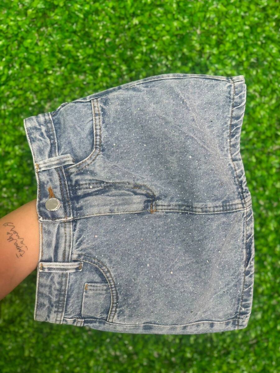 High-Waisted Marbled Denim Skirt With Hem And Rhinestone Appliqué | 100% Cotton - No Elastane - Màu Xám nhạt - Xem 1